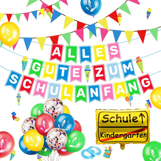 iZoeL Schulanfang Deko Jungen Mädchen, Einschulung Girlande Alles Gute Zum Schulanfang + 40m Wimpelkette + Einschulung Luftballon + Einschulung Konfetti + Folienballon