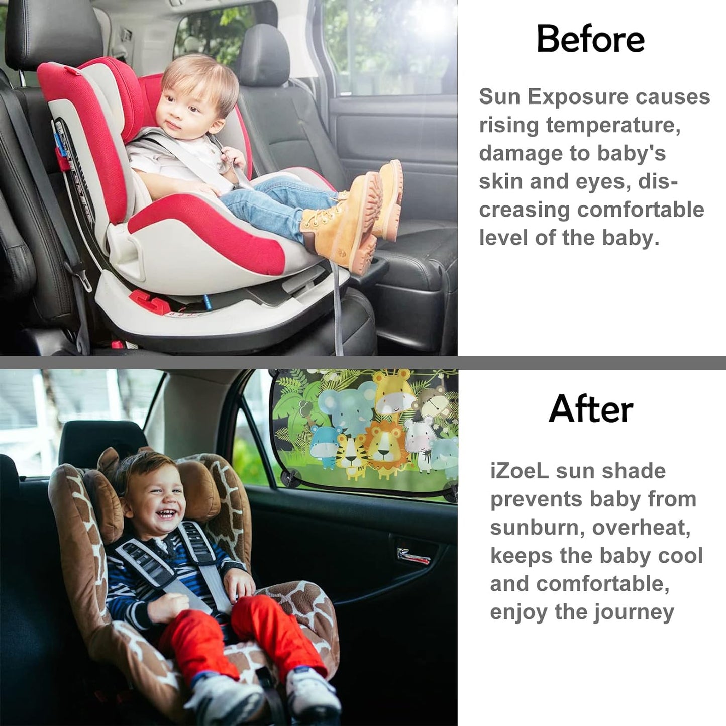 iZoeL Sonnenschutz Auto Baby mit UV Schutz, 2 Pack Sonnenblende Kinder mit 8 Saugnapf, Schatten Autofenster Seitenscheibe Motiv Tiere (Dschungel)