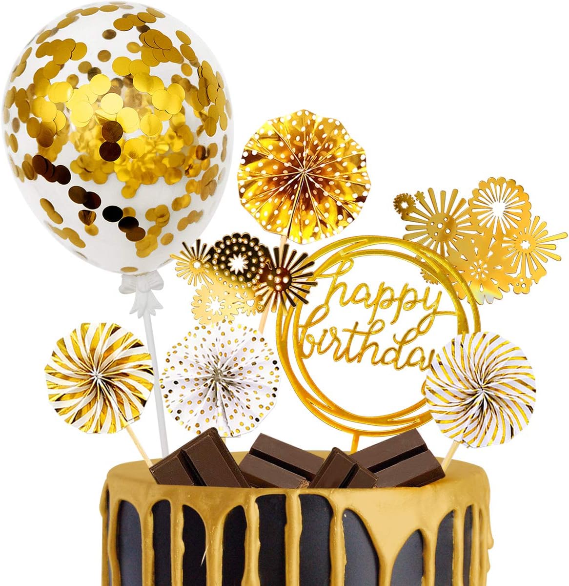 iZoeL Tortendeko Gold Happy Birthday Topper Golden Konfetti Luftballon ...