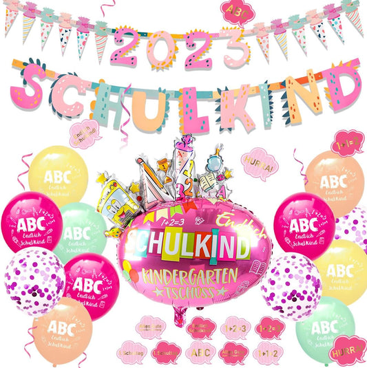 iZoeL SCHULKIND 2023 Deko Einschulung Mädchen, SCHULKIND Girlande + 2023 Zuckertüten Girlande + SCHULKIND Folienballon + 15 Luftballon + 16 Konfetti Schulanfang Schuleinführung Deko