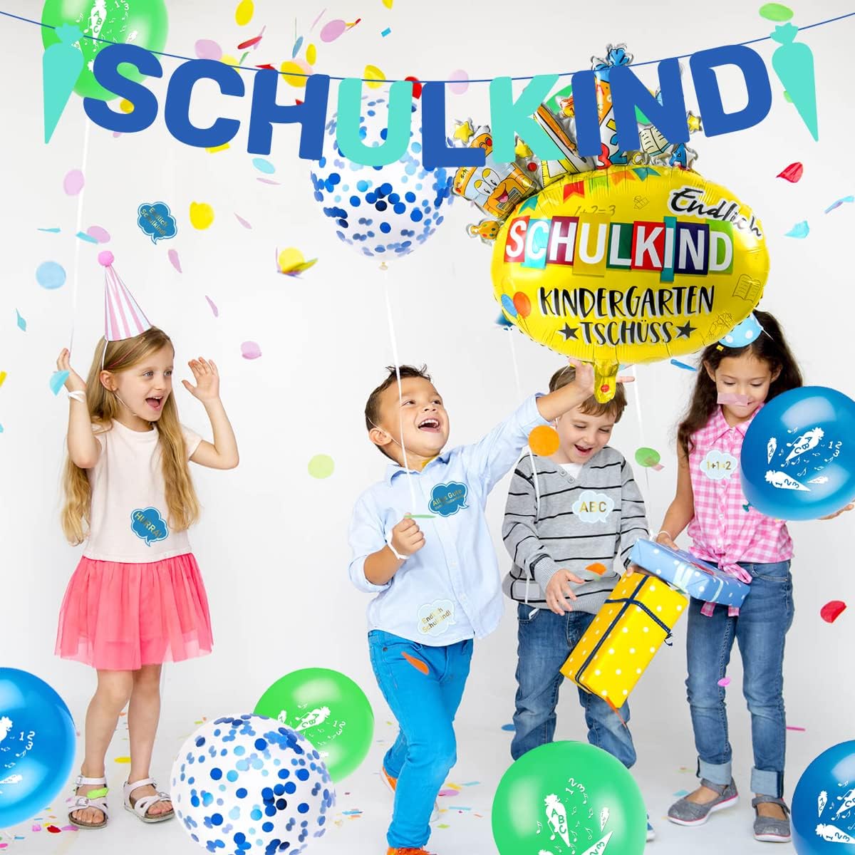 iZoeL Einschulung Deko Jungen SCHULKIND Zuckertüte Girlande + Einschulung Folienballon + 15 Schulanfang Luftballon + 14 Deko Konfetti Schuleinführung Einschulungsfeier Dekoration