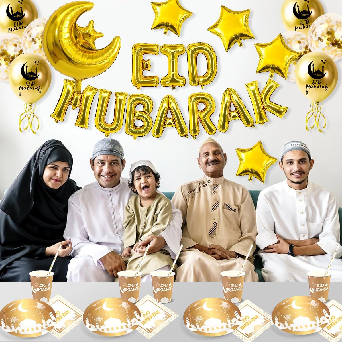 iZoeL Eid Mubarak Dekoration, Eid Partydeko Partygeschirr Partyteller Becher Strohhalme Eid Mubarak Girlande Luftballons Mond-Sterne Folienballon mit Eid Mubarak Karten (Weißes Gold)