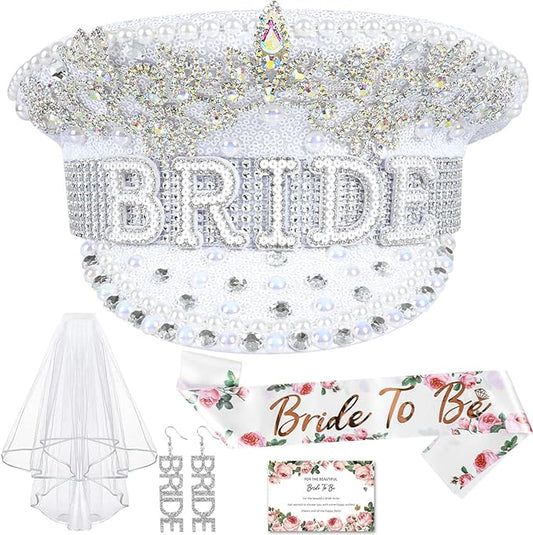 iZoeL Bride to be Hut JGA Brauthut Junggesellinnenabschied Set Frauen,JGA Dekoset Brautmütze Schirmmütze Bride to be Schärpe Schleier Ohrringe Bride Karte Bride Accessoires für Hochzeit Party (Weiß