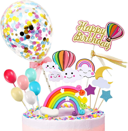 iZoeL Kuchendeko Happy Birthday Tortendeko Geburtstag Cake Topper Regenbogen Konfetti Ballon Cupcake Muffin Deko für Mädchen Junge (Bunt happy birthday)