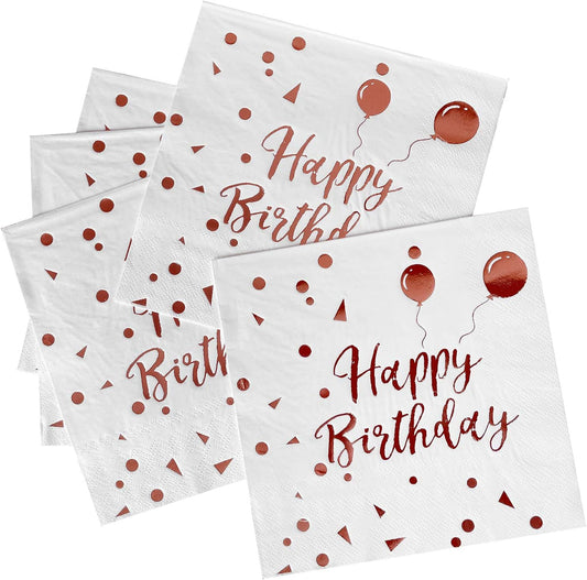 iZoeL 50Stk Geburtstag Servietten Gold Happy Birthday Servietten 33x33cm 3-lagig Pink Papierservietten für Mann Frau Mädchen Party Deko (Rose Gold Happy Birthday) (Weiß+Rosegold HB)
