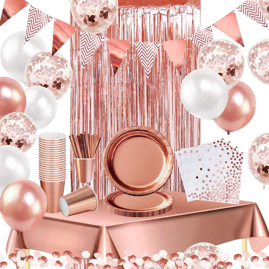 iZoeL Rosegold Partygeschirr Partydeko Pappteller Partybecher Servietten Strohhalme für 16 Gäste Girlande Tischdecke Vorhänge Luftballon für Geburtstag Hochzeit Party (Rosegold)