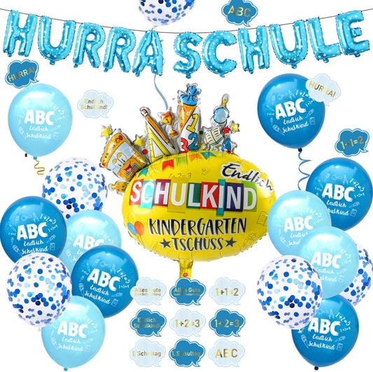 iZoeL Einschulung Deko Jungen Blau HURRA SCHULE Girlande + SCHULKIND Folienballon + 15 Schulanfang Luftballon + 14 Deko Konfetti Schuleinführung Einschulungsfeier Dekoration