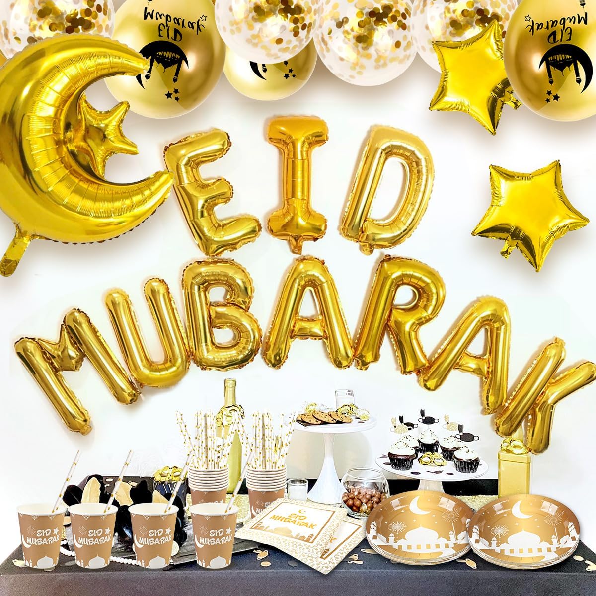 iZoeL Eid Mubarak Dekoration, Eid Partydeko Partygeschirr Partyteller Becher Strohhalme Eid Mubarak Girlande Luftballons Mond-Sterne Folienballon mit Eid Mubarak Karten (Weißes Gold)
