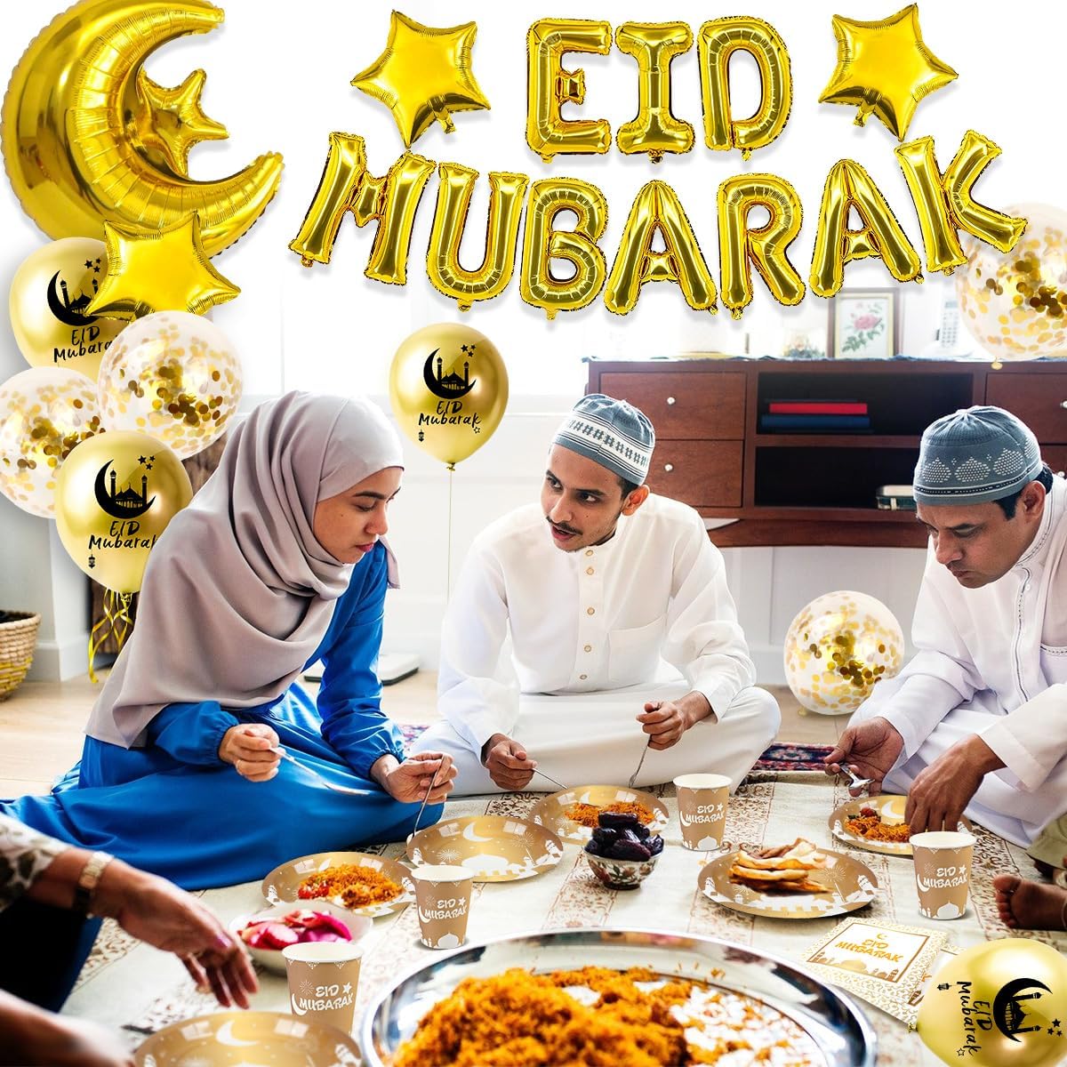 iZoeL Eid Mubarak Dekoration, Eid Partydeko Partygeschirr Partyteller Becher Strohhalme Eid Mubarak Girlande Luftballons Mond-Sterne Folienballon mit Eid Mubarak Karten (Weißes Gold)