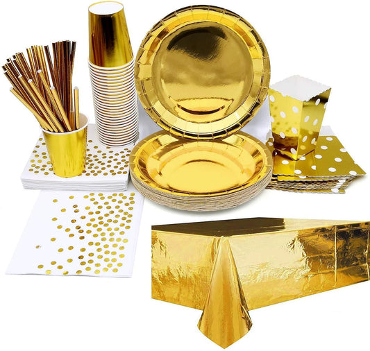 iZoeL Partygeschirr Gold für 30 Gäste inkl. Tischdecke Teller Becher Servietten Strohhalme Popcorn Tüten für Hochzeit Weihnachten Taufe Geburtstag Party