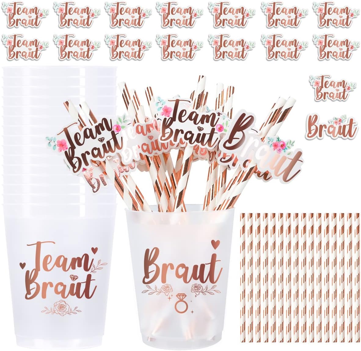 iZoeL 16Set JGA Becher Braut Team Tassen/Team Braut Strohhalme/Team Braut Aufkleber/JGA Braut Team Tassen set, Junggesellenabschied Frauen Deko Rosegold