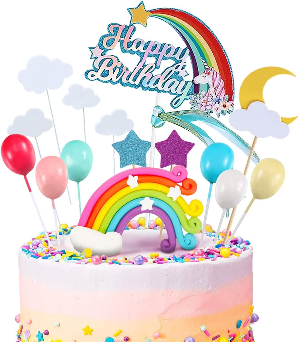 iZoeL Tortendeko Geburtstag Einhorn Kuchen Topper Regenbogen Happy Birthday Topper Wolke Sterne Kuchenaufsatz