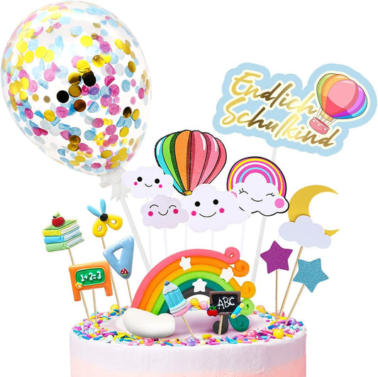 iZoeL Tortendeko Einschulung Schulanfang Kuchen Deko Endlich Schulkind Cake Topper Regenbogen Konfetti Ballon ABC 123 Tortenaufsätze für Mädchen Junge