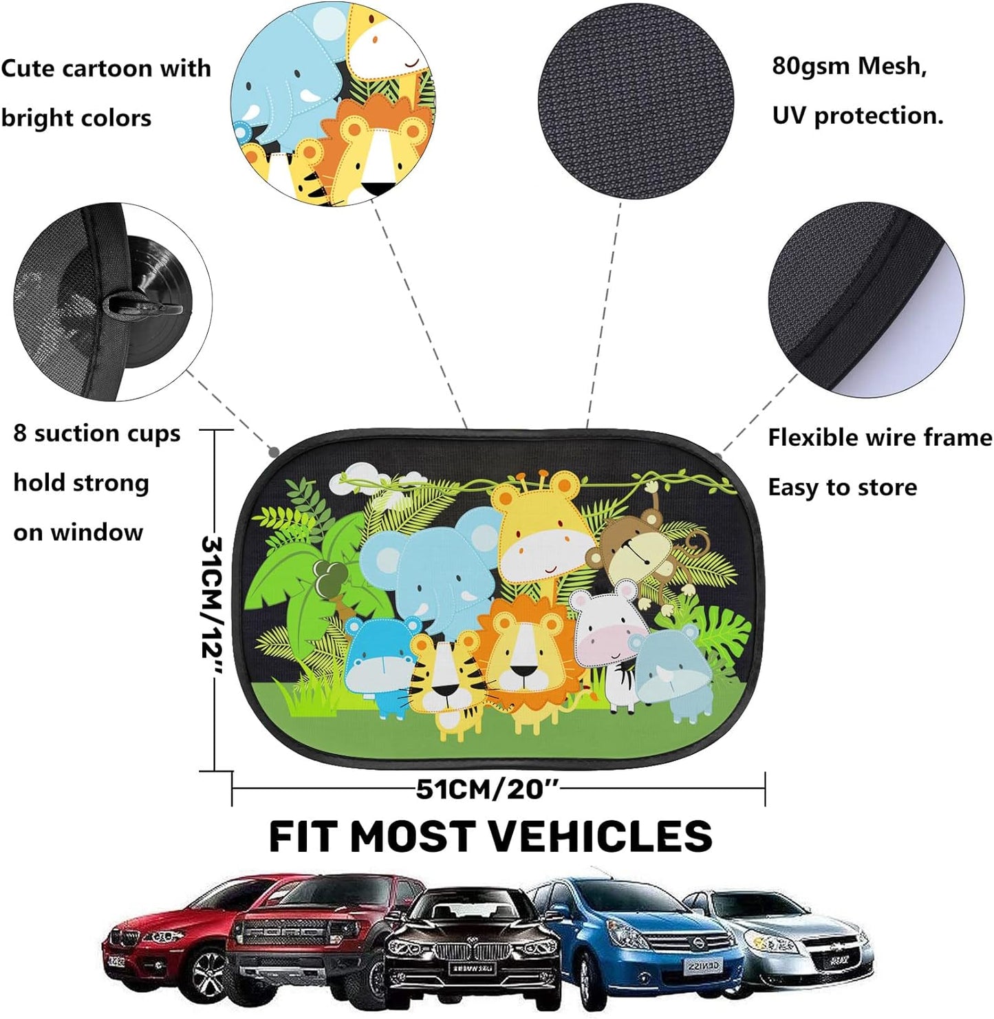 iZoeL Sonnenschutz Auto Baby mit UV Schutz, 2 Pack Sonnenblende Kinder mit 8 Saugnapf, Schatten Autofenster Seitenscheibe Motiv Tiere (Dschungel)