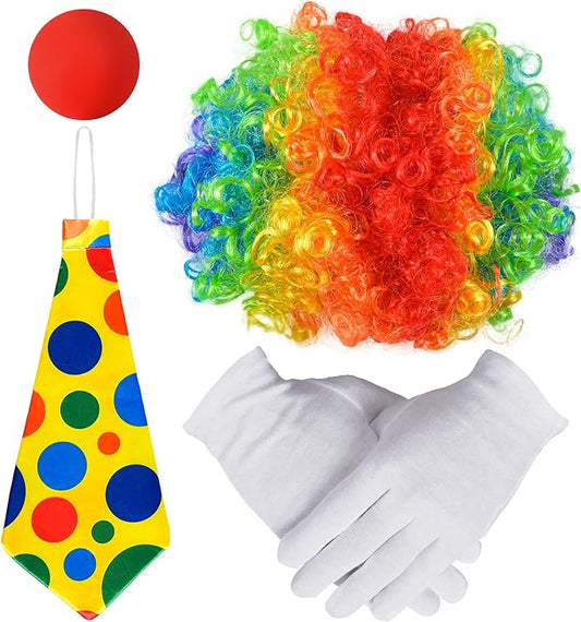 iZoeL Clown Kostüm Accessoire, Clown Lockenperücke + Clownsnase + Bunte Krawatte + Handschuhe, Fasching Karneval Kostüme für Kinder Damen Herren