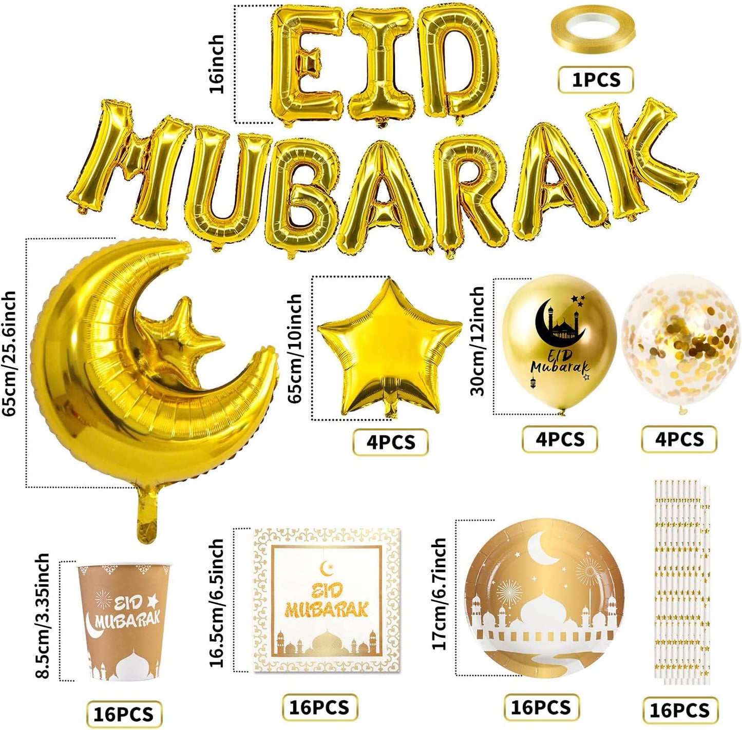 iZoeL Eid Mubarak Dekoration, Eid Partydeko Partygeschirr Partyteller Becher Strohhalme Eid Mubarak Girlande Luftballons Mond-Sterne Folienballon mit Eid Mubarak Karten (Weißes Gold)