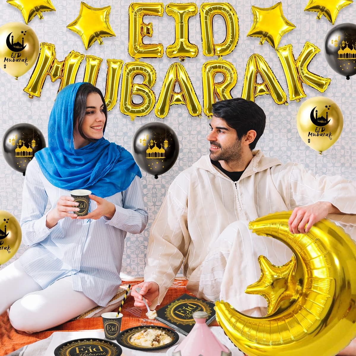 iZoeL Eid Mubarak Dekoration, Eid Partydeko Partygeschirr Partyteller Becher Strohhalme Eid Mubarak Girlande Luftballons Mond-Sterne Folienballon mit Eid Mubarak Karte (Schwarzes Gold)