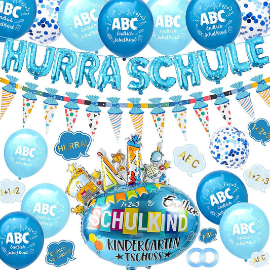 iZoeL Einschulung Deko Junge HURRA SCHULKIND Girlande + Zuckertüten Girlande + SCHULKIND Folienballon + 15 Luftballon + 14 Deko Konfetti Schulanfang Deko Einschulungsdeko