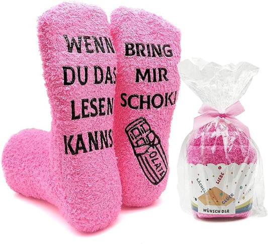 iZoeL Flauschsocken damen Lustige Socken wenn du das lesen kannst bring mir Schokolade Kaffee Witzige Kuschelsocken Cupcake Socken