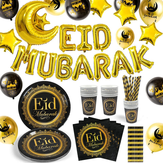 iZoeL Eid Mubarak Dekoration, Eid Partydeko Partygeschirr Partyteller Becher Strohhalme Eid Mubarak Girlande Luftballons Mond-Sterne Folienballon mit Eid Mubarak Karte (Schwarzes Gold)