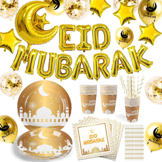 iZoeL Eid Mubarak Dekoration, Eid Partydeko Partygeschirr Partyteller Becher Strohhalme Eid Mubarak Girlande Luftballons Mond-Sterne Folienballon mit Eid Mubarak Karten (Weißes Gold)