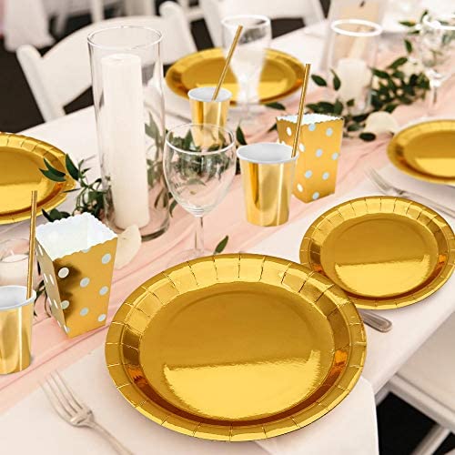 iZoeL Gold Party Tableware Gold Dinnerware Foil Tablecloth Paper Plates Napkins Popcorn Boxes Cups Straws Party Supplies for Birthday Bridal Wedding Anniversary 30 Guest