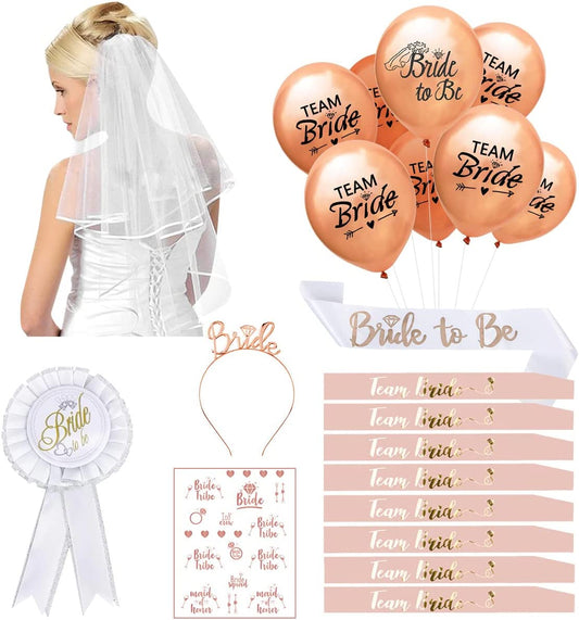 iZoeL Hen Party Accessories,Bride to Be Veil,Bride Headband Tiara, 9 Bride Sash, Tattoos Team Bride 492-2