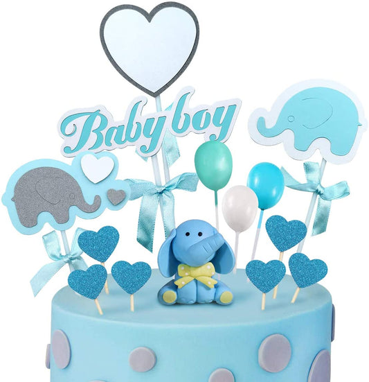 iZoeL Baby Shower Cake Topper Elephant Cake Decor, 1 Blue Elephant, 2 Elephant Cake Toppers,1 Baby Boy Banner, 11 Shine Hearts, 3 Balloons for Boys kids Shower Baby Cake Decoration