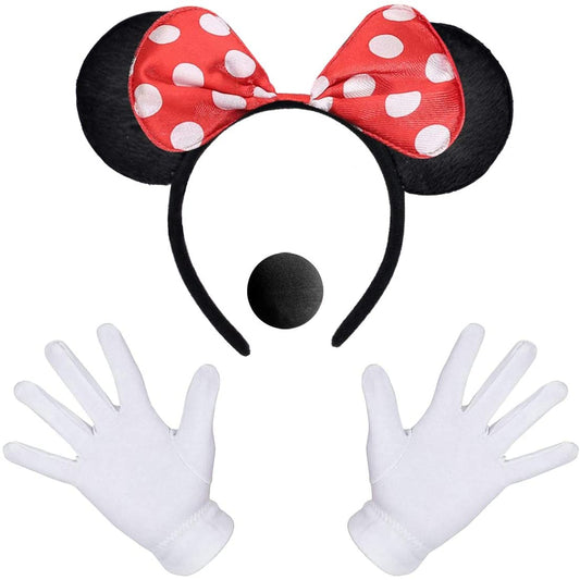 iZoeL Mouse Ear Headband White Gloves Black Nose Bow Tie for Carnival Accessory Birthday Fancy Dress Party Bag Favors Cartoon Character Cosplay Adult Kid (Red)
