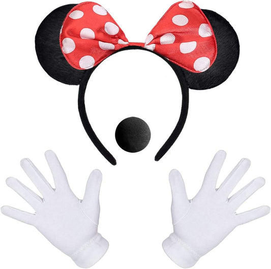 iZoeL Mouse Ear Headband White Gloves Black Nose Bow Tie for Carnival Accessory Birthday Fancy Dress Party Bag Favors Cartoon Character Cosplay Adult Kid (Red)
