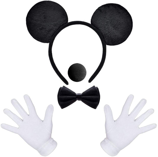 iZoeL Mouse Ear Headband White Gloves Black Nose Bow Tie for Carnival Accessory Birthday Fancy Dress Party Bag Favors Cartoon Character Cosplay Adult Kid (Black)
