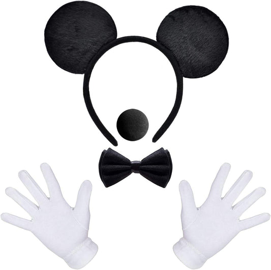 iZoeL Mouse Ear Headband White Gloves Black Nose Bow Tie for Carnival Accessory Birthday Fancy Dress Party Bag Favors Cartoon Character Cosplay Adult Kid (Black)