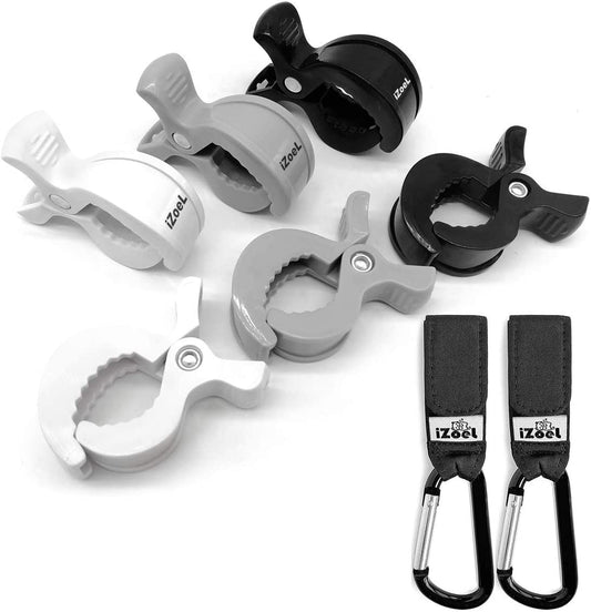 iZoeL Stroller Hooks & Buggy Clip Set 6 Clips Clasps & 2 Hooks Gripper to Hook Muslin Blankets Toys Nursing Cover, Pram Toy Holder, Blanket Clamp (2 black+2 grey+2 white)