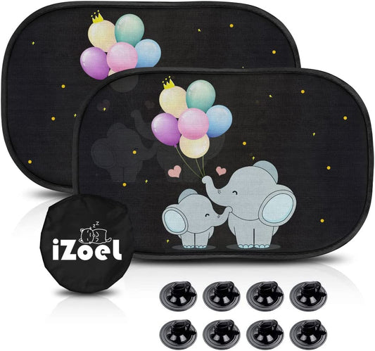 iZoeL Baby Sun Shade with UV Protection, Pack of 2 Sun Visors for Children with 8 Suction Cups, Shade Car Window Side Window Motif Animals (Elephant)