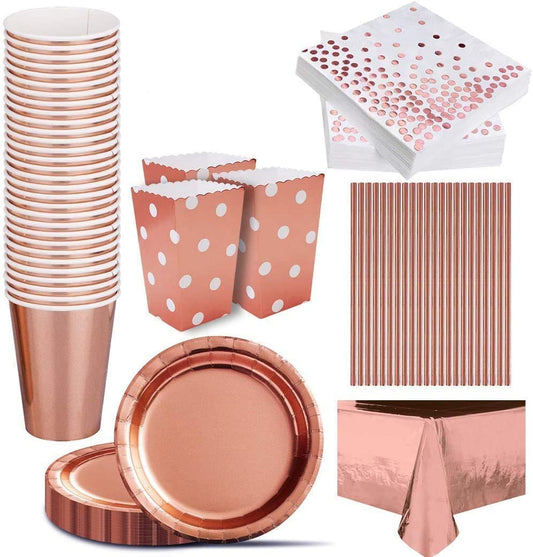 iZoeL 30 Guests Rose Gold Party Tableware Rose Gold Dinnerware Foil Tablecloth Paper Plates Napkins Popcorn Boxes Cups Straws Party Supplies for Birthday Bridal Wedding Anniversary