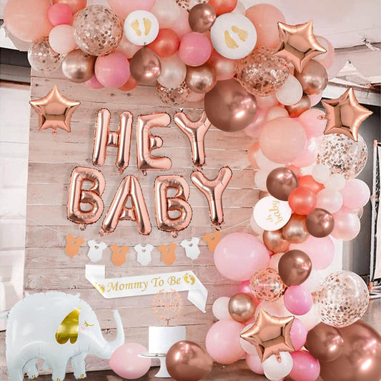 iZoeL Baby Shower Decorations Girl Rose Gold Baby Shower Decoration Neutral Balloon Arch Kit, Hey Baby Banner Mummy to Be Sash Elephant Balloons Gender Reveal Balloons Cake Topper