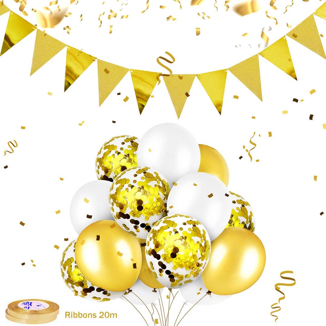 iZoeL Gold Birthday Party Decoration Happy Birthday Banner Balloon Gold Triangle Flag Bunting Heart Star Confetti Balloons Cake Toppers Birthday Party Supplies for Man Woman Wedding Anniversary