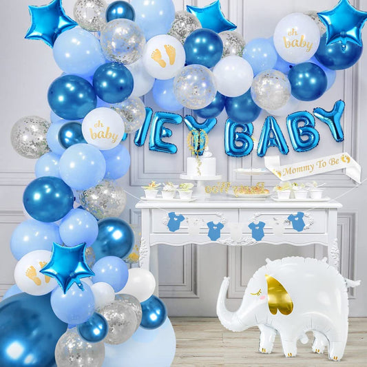 iZoeL Baby Shower Decorations Boy Girl White Blue Baby Shower Decoration Neutral Balloon Arch Kit, Hey Baby Banner Mummy to Be Sash Elephant Balloons Gender Reveal balloons Cake Topper
