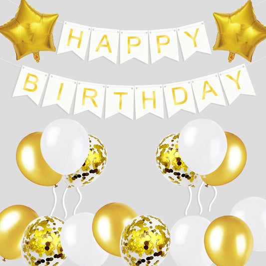 iZoeL Gold Birthday Decoration for Him, Happy Birthday Banner, Confetti Balloons, Big Star Balloons, for Boys Mens Husband Girl Women Birthday Party Supplies Baby Shower