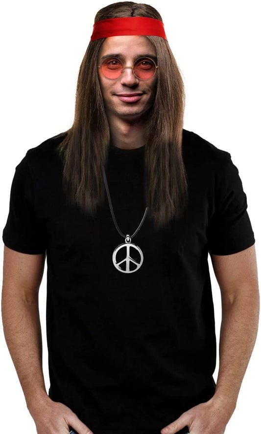 iZoeL Hippie Costume 4 Pieces Hippie Wig Sunglasses Peace Sign Necklace Medallion Headband - 60s 70s Costume Hippie Outfit Carnival Costume Hippy Fancy Dress fits Men Women
