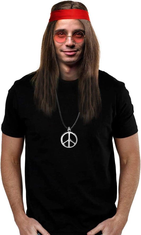 iZoeL Hippie Costumes Halloween Costumes for Men - 4pcs Hippie Wig Sunglasses Peace Necklace Headband -70s Disco Style 60s Outfit 80s Fancy Dress 80s Night Accessories - Retro Men Women
