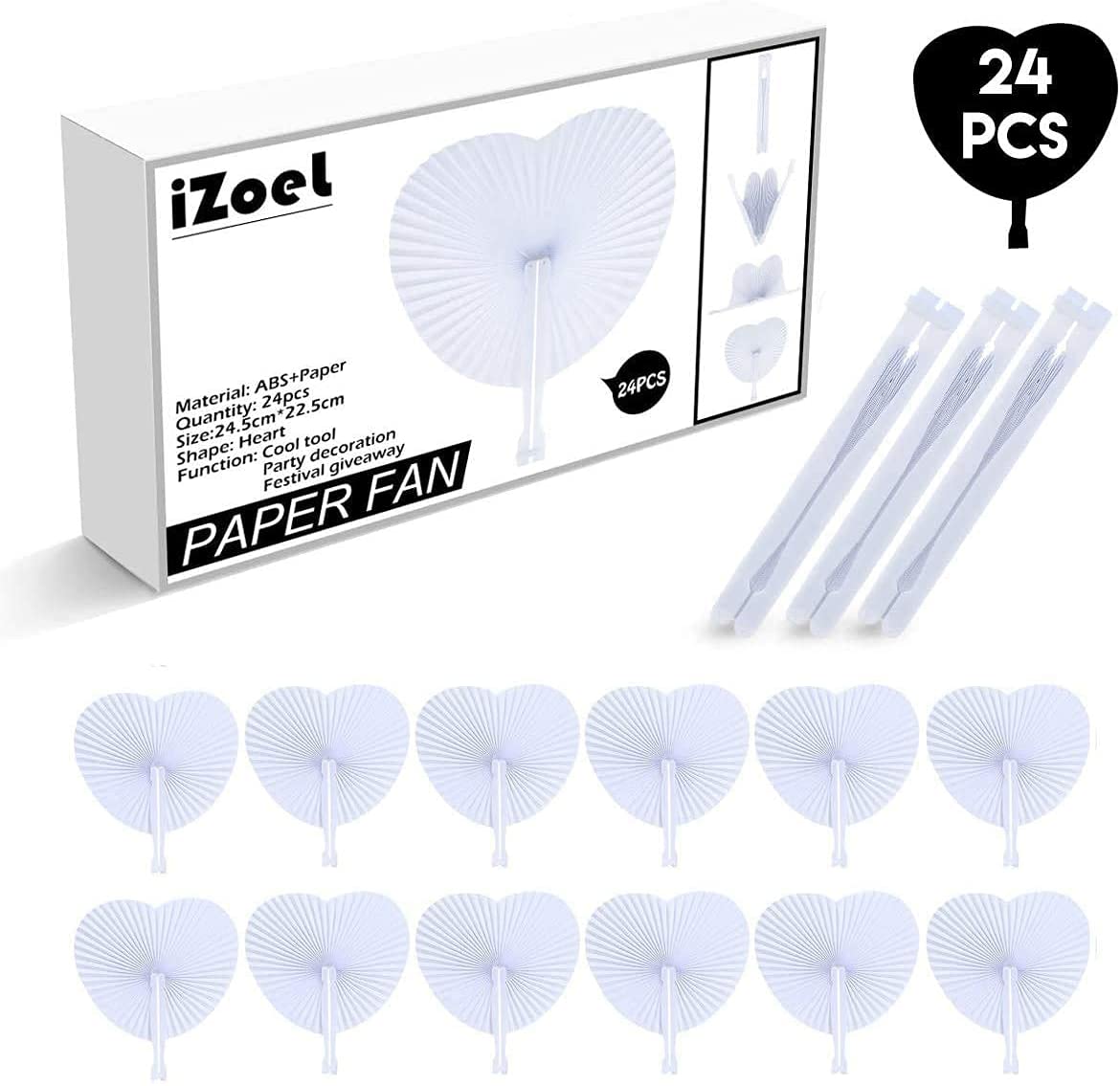 iZoeL Hand Fan Folding for Wedding Decoration Paper Fan Heart Shaped as Church Gift Party Favors Set of 24 (24pcs)