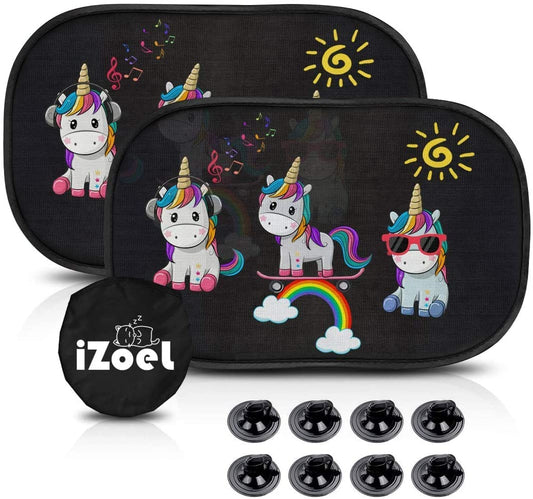 iZoeL Car Sun Shade for Baby Car Window Shades kid 2 Pack Unicorn Elephant Side Rear Sunshades Static Cling 80GSM 8 Suction Cups Storage Bag - Sun Glare and UV Rays Protection Universal