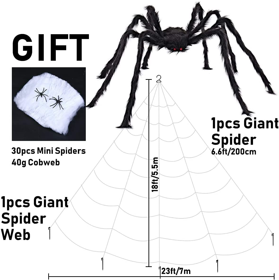 iZoeL Giant Spider 6.6ft - 200cm, Spider Web 23ft - 700cm, 30pcs Plastic Spiders, 30g Cobweb - Halloween Decorations Triangular Cobweb for Indoor Outdoor Home Yard Haunted House (Black, 200)
