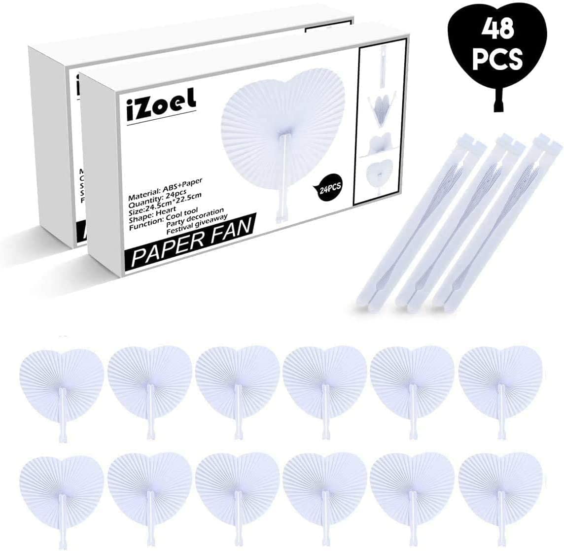 iZoeL Hand Fan Folding for Wedding Decoration Paper Fan Heart Shaped as Church Gift Party Favors Set of 48
