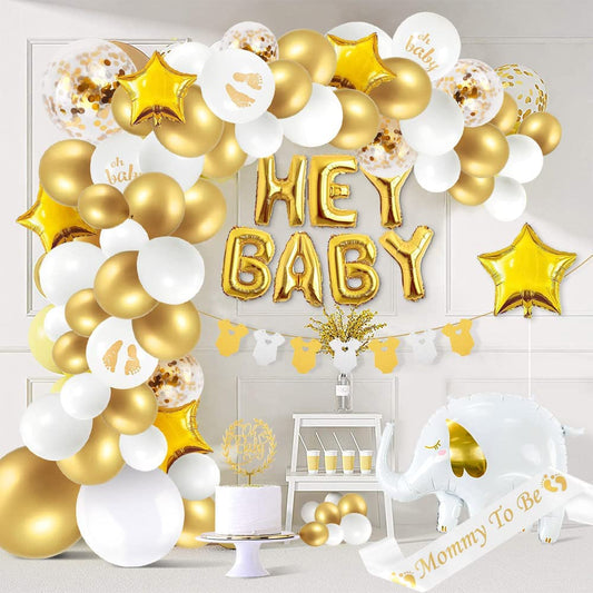 iZoeL Baby Shower Decorations Boy Girl white Gold Baby Shower Decoration Neutral Balloon Arch Kit, Hey Baby Banner Mummy to Be Sash Elephant Balloons Gender Reveal balloons Cake Topper