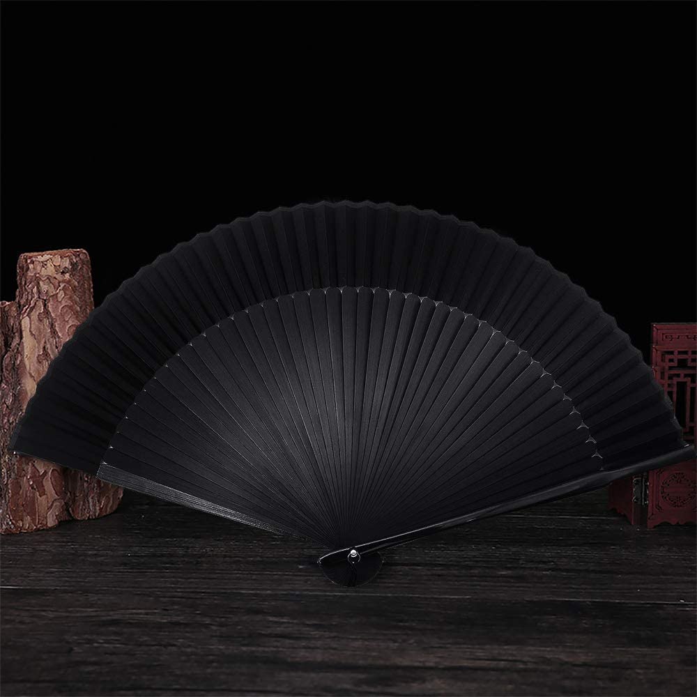 iZoeL Hand Bamboo Fan Handheld Folding Portable Fans, Black Fabric Fan with Tassel with High-end Gift Bag, Hand Held Pocket Chinese Fan Idea Wedding Birthday Gift for Man Women