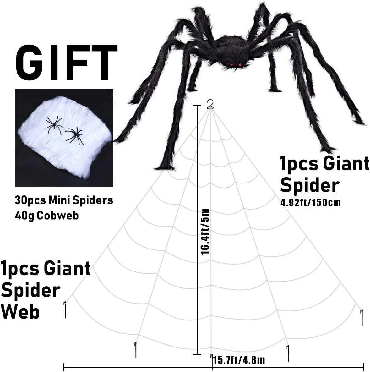 iZoeL Giant Spider 4.9ft 150cm, Triangular Cobweb 500cm with 30pcs Plastic Spiders, 40g Spider Web - Halloween Decorations Indoor Outdoor Home Yard Haunted House