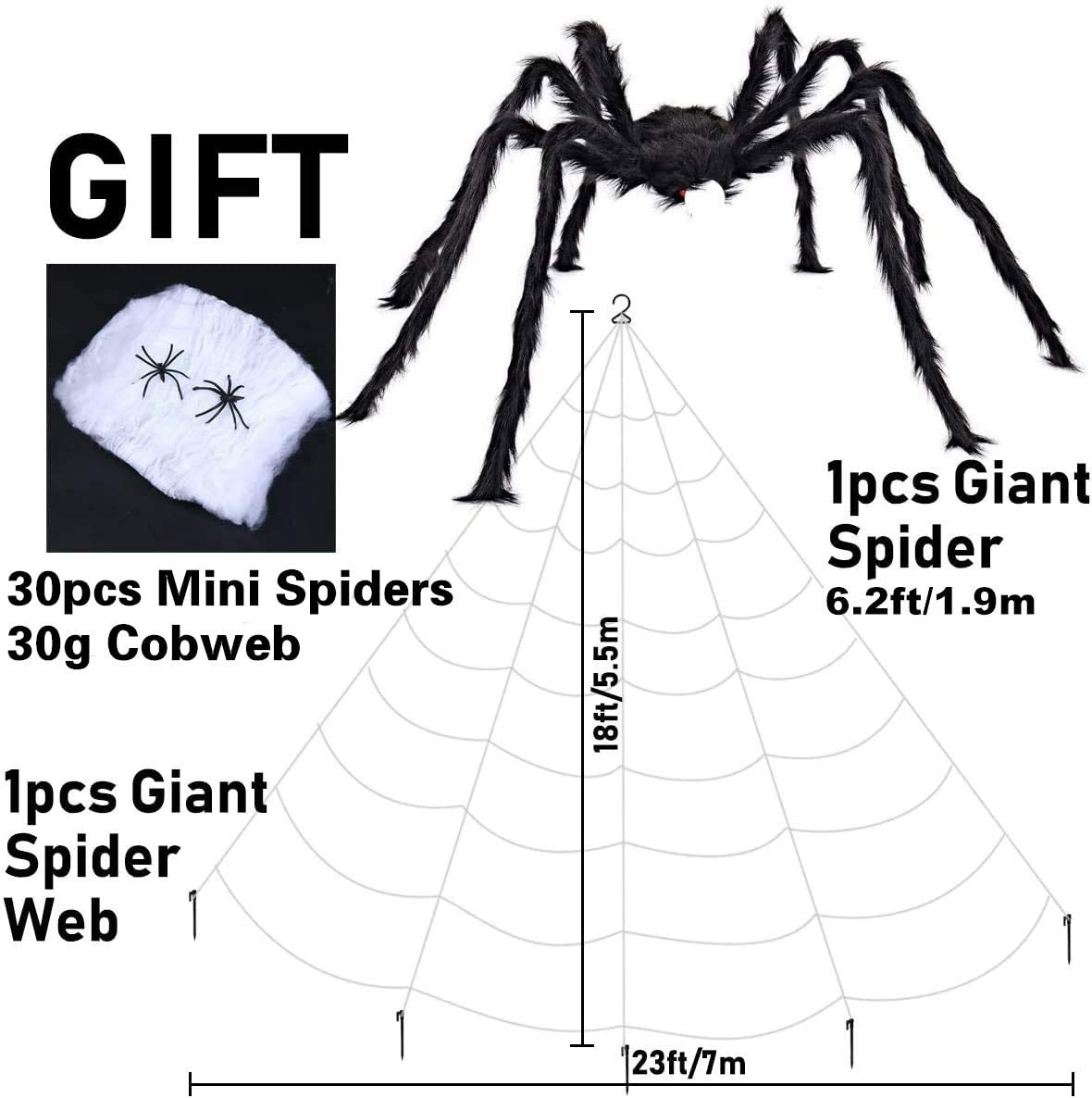 iZoeL Giant Spider 6.2ft 190cm, Triangular Cobweb 700cm with 30pcs Plastic Spiders, 30g Spider Web - Halloween Decorations Indoor Outdoor Home Yard Haunted House