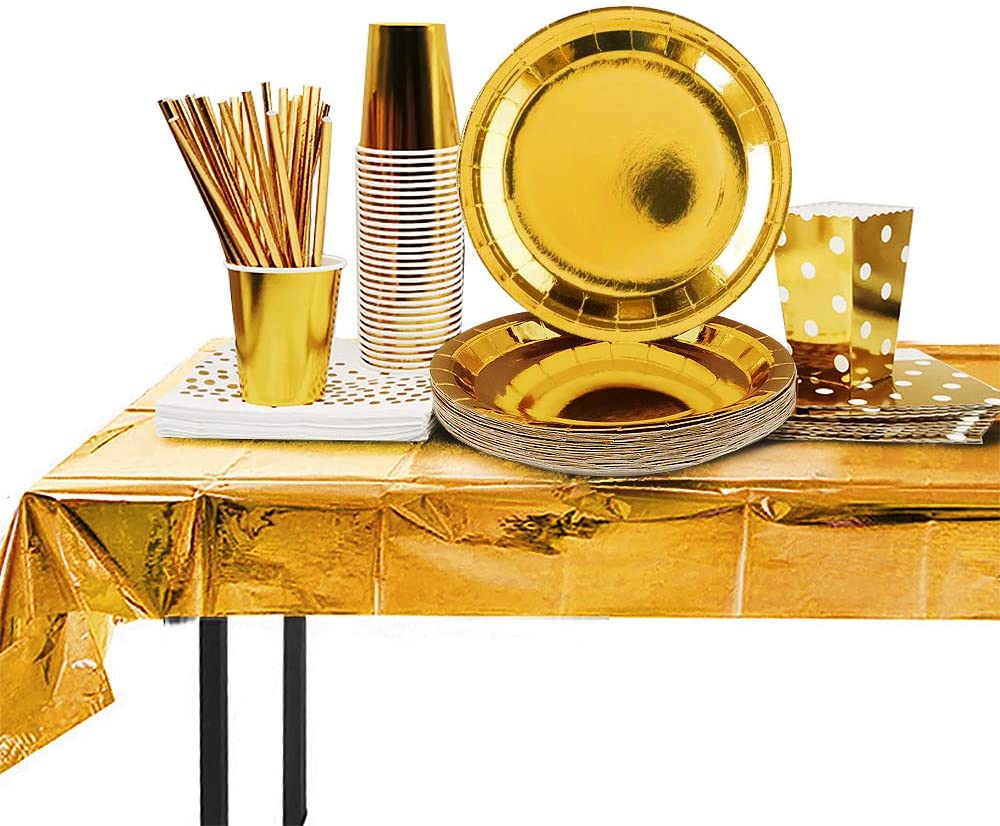 iZoeL Gold Party Tableware Gold Dinnerware Foil Tablecloth Paper Plates Napkins Popcorn Boxes Cups Straws Party Supplies for Birthday Bridal Wedding Anniversary 30 Guest